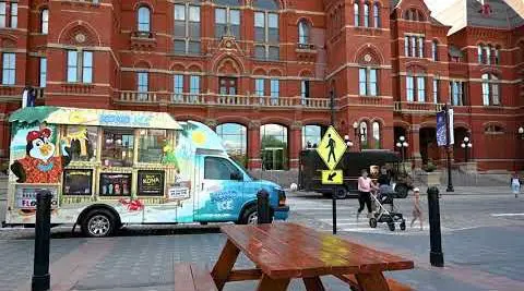 Ice cream truck in front of historic building.