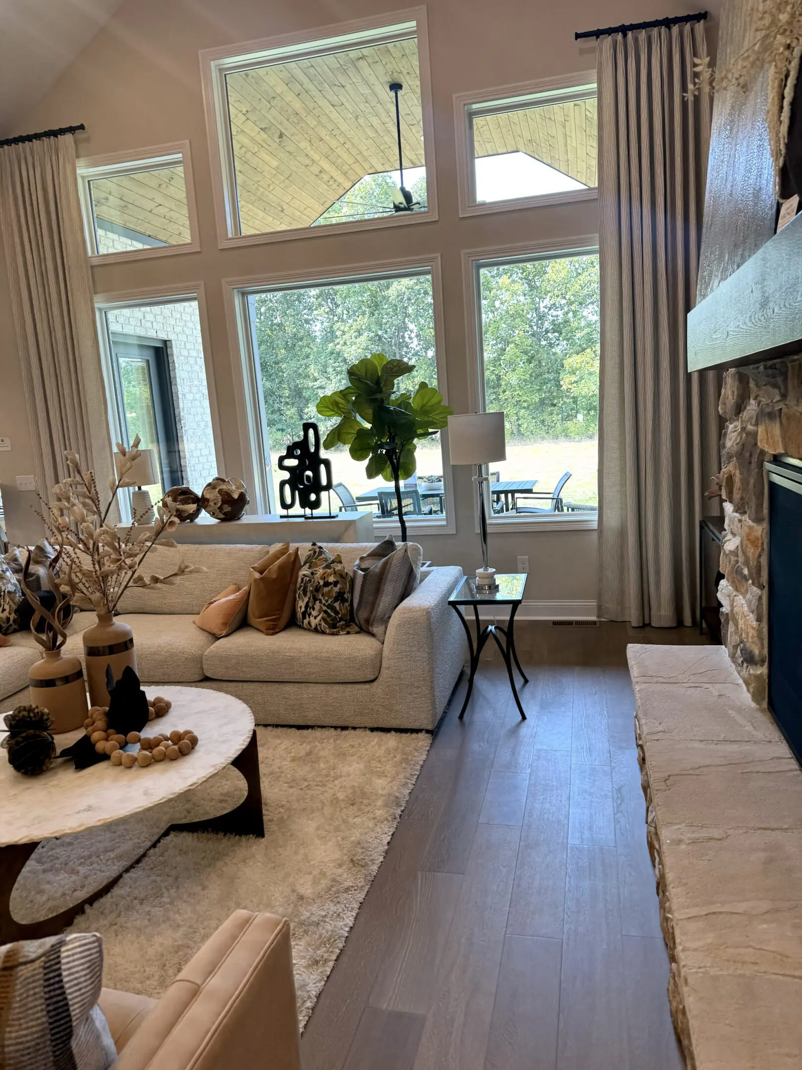 Cozy modern living room with large windows