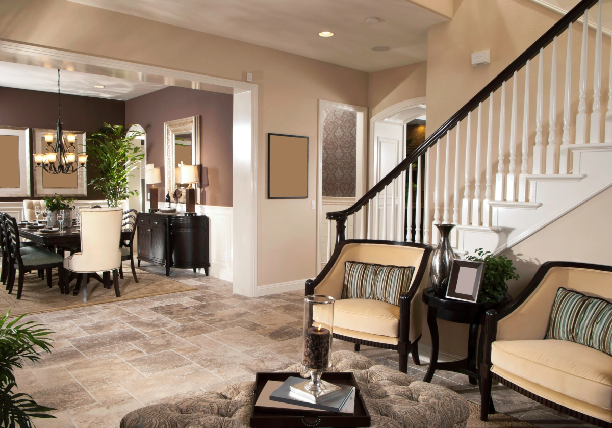 Open-concept home interior with neutral tones