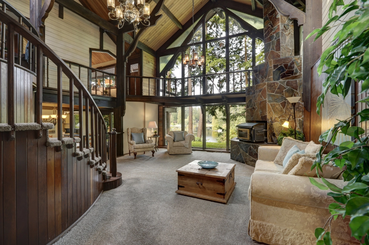 Elegant room with wooden staircase