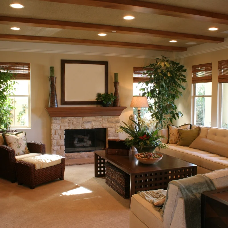 Modern living room with cozy fireplace